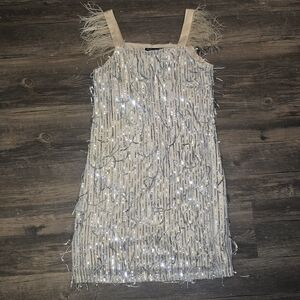 Sequin Fringe Feather Strap Party Dress Size 12 Sparkle Evening Cocktail